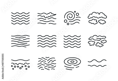 Water Texture Icons. Riptides. Line icon set of water surface textures: ripple pattern, foam crest, swirl bubble cluster, streaked current lines, wavelet