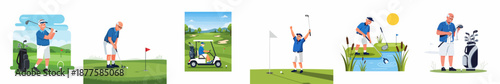 Set of vector illustrations depicting a smiling senior man enjoying various activities during a game of golf on a scenic course.