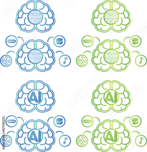 Artificial intelligence brain and neural network icon set, multimodal AI technology with data processing symbols, vector illustration.