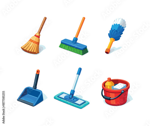 Colorful Cleaning Tools Grid. Cleaning tools. Isometric flat vector icons set of cleaning tools: classic straw broom, plastic floor broom, handheld duster,
