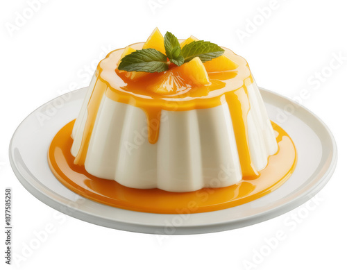 Mango panna cotta dessert on a white plate isolated on a transparent background