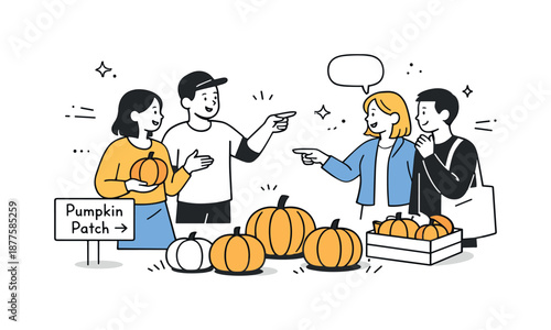 Pumpkin Patch Gathering. Pumpkin patch social outing. Group chatting and pointing at pumpkins, friendly communication and lighthearted decision making.