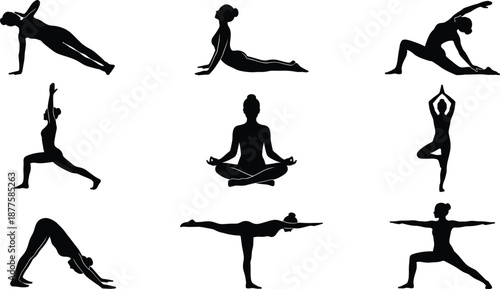 Yoga pose silhouette collection featuring meditation balance stretching exercises isolated black female fitness vector illustration set for wellness design
