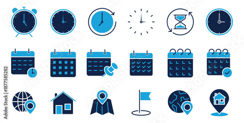 Date, Time, location, address icon set. Location, desk Calendar, Clock vector, earth silhouette design for app, logo, UI, UX and website. Vector illustration.