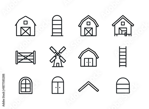 Farm Structure Icons. Farm structures. Line icon set of Farm structures: wooden barn, cylindrical silo, chicken coop, barn loft, fence gate, windmill, storage