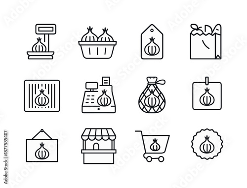 Market Icon Set. Onion. Line icon set of market & grocery: scale counter, produce basket, onion price tag, paper grocery bag, barcode square, checkout icon,