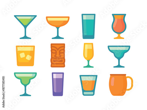 Colorful Cocktail Icons. Cocktail glasses. Colorful flat vector icons set of cocktail glasses: martini glass, coupe glass, highball glass, hurricane glass,