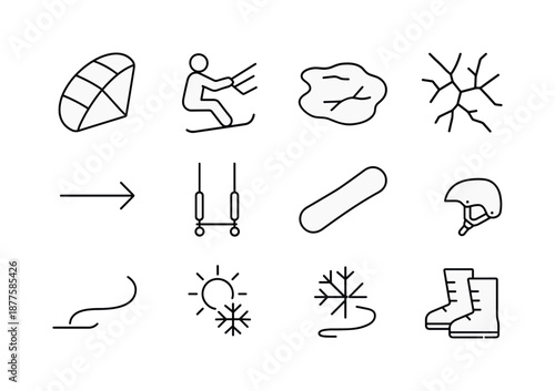 Snowkiting Icon Set. snowkiting on frozen lakes. Line icon set of snowkiting on frozen lakes: snowkite sail, rider silhouette, frozen lake surface, ice cracks