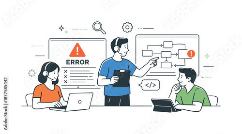 Team Troubleshooting. IT support team troubleshooting. Support specialists reviewing error messages and diagrams on screens, focused problem solving in