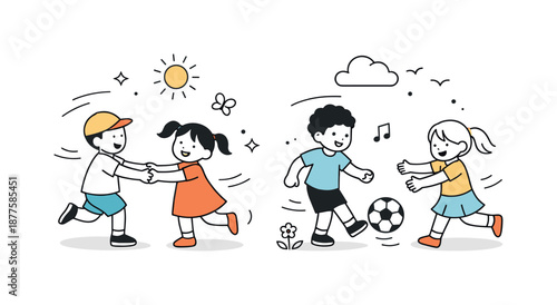 Joyful Kids Outdoors. Kids playing together outdoors. Simple joyful scene with children interacting and moving, expressing social connection and seasonal