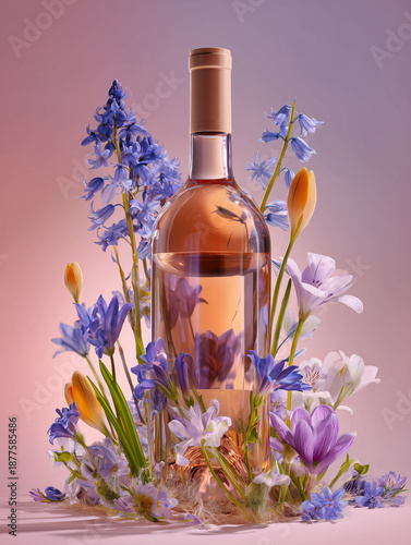 Wine bottle surrounded by colorful spring flowers on pastel background  