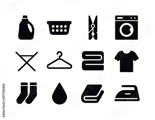 Laundry Essentials Icons. Laundry essentials. Solid icon set of Laundry essentials: detergent bottle, laundry basket, clothespin, washing machine, drying rack,