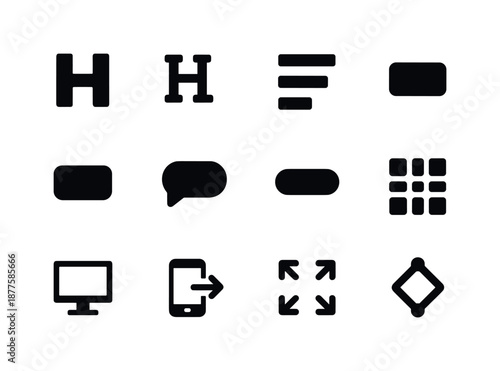 UI Icon Grid. UI text hierarchy. Solid icon set of UI text hierarchy: heading icon, subheading icon, body text icon, caption icon, button label, tooltip icon,