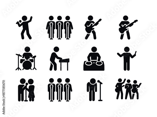 Stage Performer Icons. Stage performers. Solid icon set of Stage performers: lead singer, backup singers, guitarist, bassist, drummer, keyboardist, DJ icon,