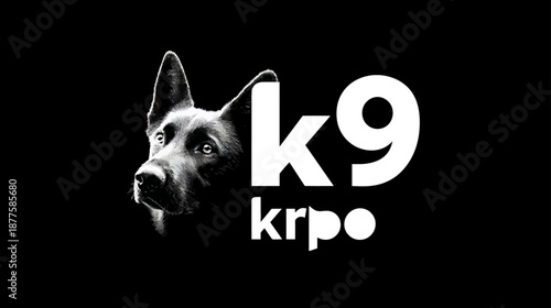 Strong black and white K9 dog head graphic logo design, showcasing a powerful canine profile for security or training concepts.
