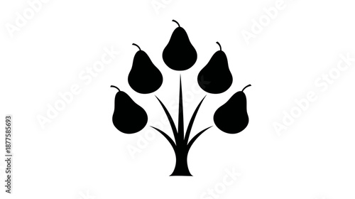 A stylized illustration depicting a tree with six dark-colored pear fruits. The background is white