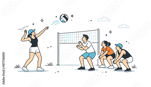 Volleyball Focused Play. Outdoor volleyball game. Players focused on the ball during a serve and return, sense of motion and shared concentration. Minimalist