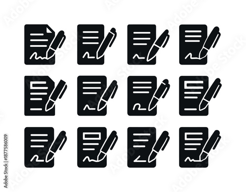Job Contract Icons. Job contract. Icon set. Set Logo of Job contract: Pen signing line: Iconic shape, Stylized detail, Negative space, Flat solid, Filled