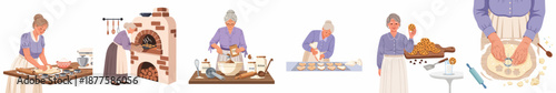 Grandmother baking homemade cookies step-by-step, from mixing ingredients and kneading dough to traditional brick oven baking and final decoration.