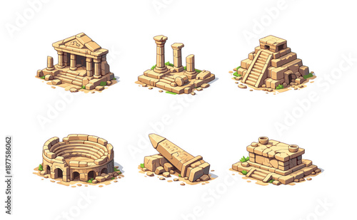 Ancient Ruins Icons. Ancient ruins. Isometric flat vector icons set of ancient ruins: broken stone temple, ruined columns, collapsed pyramid step, ancient