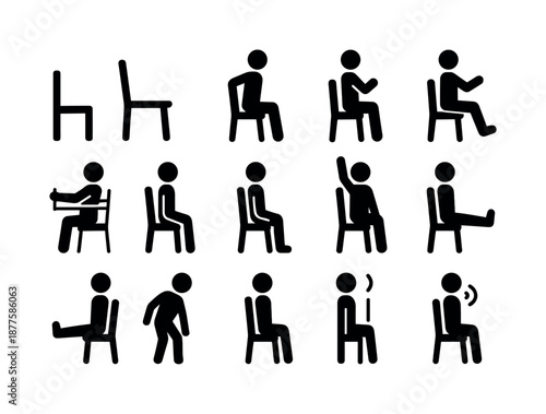 Chair Exercise Icons. Chair-based exercises. Solid icon set of Chair-based exercises: sturdy chair, seated lift, seated twist, seated march, resistance band