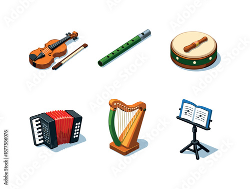 Irish Music Icons. Irish Music. Isometric flat vector icons set of irish music: fiddle violin, tin whistle, bodhran drum, accordion, harp instrument, music