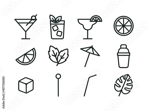 Colorful Cocktail Icons. a collection of colorful cocktails garnished with fruit and herbs. Line icon set of colorful cocktails garnished with fruit and herbs: