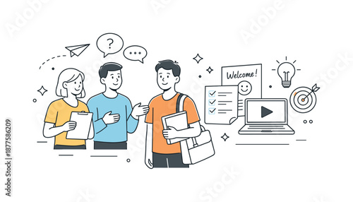 Welcoming New Team Member. Employee training and onboarding. New employee joining a team during a welcoming session, calm support and friendly guidance. Simple