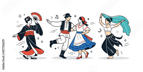 Elegant Dance Costumes. Holiday cultural dance performance costumes. Dancers moving gracefully with traditional clothing details and flowing fabric shapes.