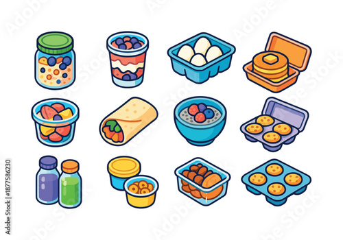 Isometric Breakfast Icons. Meal prep breakfasts. Colorful isometric vector icons set of meal prep breakfasts: overnight oats jar, yogurt parfait, boiled eggs