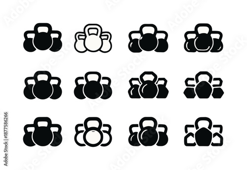 Kettlebell Icon Variations. Group fitness. Icon set. Set Logo of group fitness: kettlebell trio. harmonious logo variations: Negative space, Minimal outline,