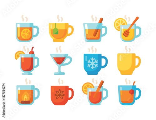 Colorful Hot Cocktails. Hot cocktails. Colorful flat vector icons set of Hot cocktails: hot toddy, spiked tea, warm whiskey, honey lemon drink, rum punch hot,