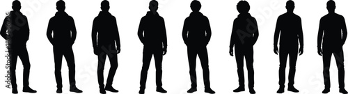 Standing men silhouettes collection, casual male poses lineup, full body human figures set isolated on white background vector illustration design
