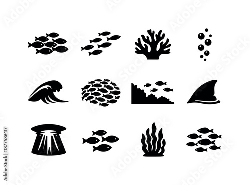 Fish School Icons. Fish schools. Solid icon set of Fish schools: fish group, swimming formation, coral piece, bubble trail, ocean wave, schooling pattern, deep