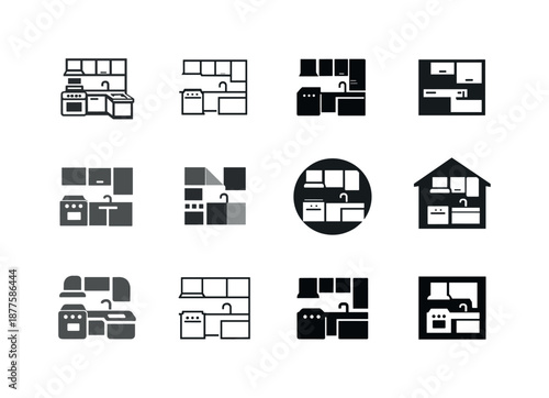 Kitchen Icon Variations. kitchen spaces. Icon set. Set Logo of kitchen spaces: compact kitchen layout. harmonious logo variations of the same emblematic