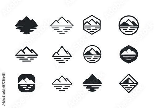 Lakeside Logo Variations. Lakeside. Icon set. Set Logo of Lakeside: mountain reflection in lake. harmonious logo variations of the same emblematic concept,