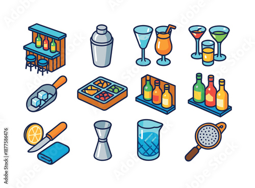 Colorful Cocktail Icons. Cocktail bar. Colorful isometric vector icons set of cocktail bar: bar counter, shaker tin, ice scoop, glass trio, garnish tray,