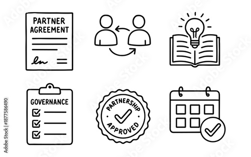 Business icons: agreements, partnerships, and governance in simple outline style