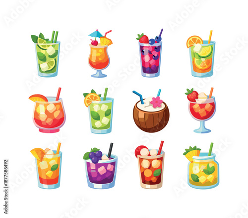 Vibrant Party Mocktails. Party Mocktails. Colorful flat vector icons set of Party Mocktails: virgin mojito, tropical fizz, berry breeze, citrus splash, peach