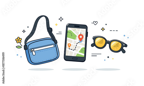 Spring Travel Essentials. Spring city travel items. Crossbody bag, smartphone with map app and sunglasses floating in a balanced layout. Urban spring journey,
