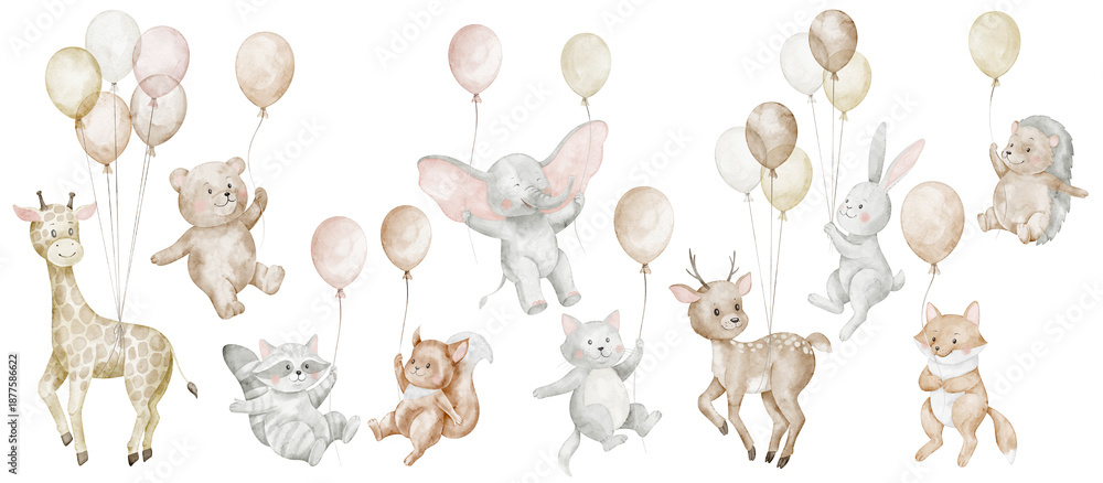 custom made wallpaper toronto digitalFlying animals holding balloons watercolor illustration in soft pastel colors. Clipart with teddy bear, rabbit, giraffe, deer for nursery posters, wall art, greeting cards, baby shower invitations.