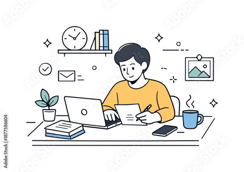 Peaceful Home Office. Home office setup. A person working from a small home desk with a laptop and documents, maintaining concentration. Organized workflow and