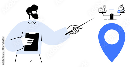 Financial decision-making. Businessman explaining financial decision-making using a balance scale and location marker. s budgeting, resource allocation, and cost management. Ideal for economy