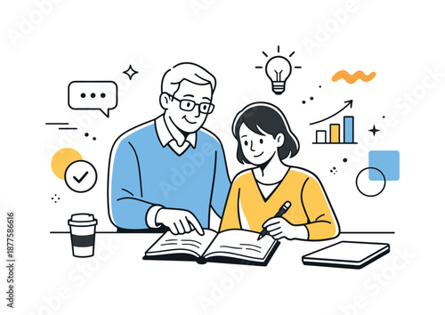 Mentorship in Motion. Business mentorship. An experienced professional guiding a colleague, reviewing notes together and sharing advice. Calm knowledge