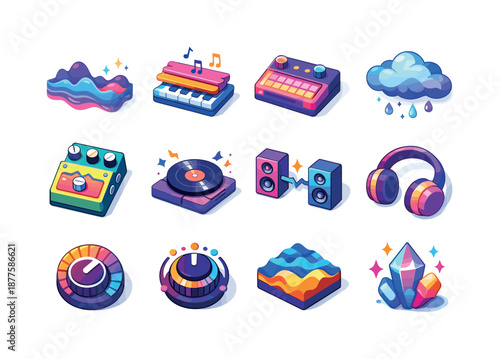 Indie Soundscape Icons. Indie soundscape. Colorful isometric vector icons set of indie soundscape: ambient wave, layered chords, soft pad synth, reverb cloud,