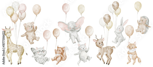 Wallpaper Mural Flying animals holding balloons watercolor illustration in soft pastel colors. Clipart with teddy bear, rabbit, giraffe, deer for nursery posters, wall art, greeting cards, baby shower invitations. Torontodigital.ca