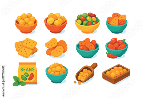 Colorful Bean Snack Icons. Bean Snacks. Colorful flat vector icons set of Bean Snacks: roasted chickpeas, crispy broad beans, seasoned bean mix, bean crackers,