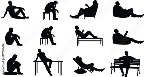 Relaxed people silhouettes collection, men sitting reclining and resting on chairs sofa bench and floor, calm lifestyle human poses isolated on white background vector illustration