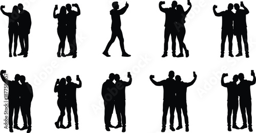 Couples and friends taking selfies silhouettes set, people posing together with smartphones, modern social media lifestyle moments isolated on white background vector illustration