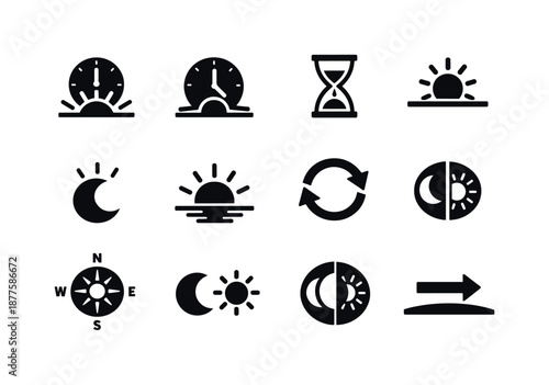 Time Icon Grid. Sunrise and sunset. Solid icon set of time indicators: sunrise clock, sunset clock, hourglass, zenith marker, dawn indicator, dusk indicator,